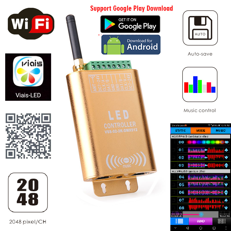 DC7-24V Double Channels 2048 pixels LED WIFI SPI Music Spectrum Android Controller For WS2812B, SK6812 RGB/RGBW Addressable LED Strip Lights APP Support Input Content